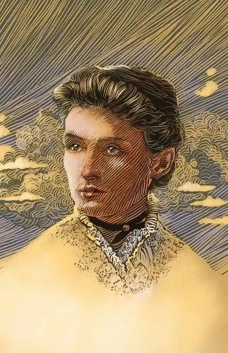 以金色与灰蓝色线条刻画的安妮·坎农肖像插画,身后是层层卷起的云