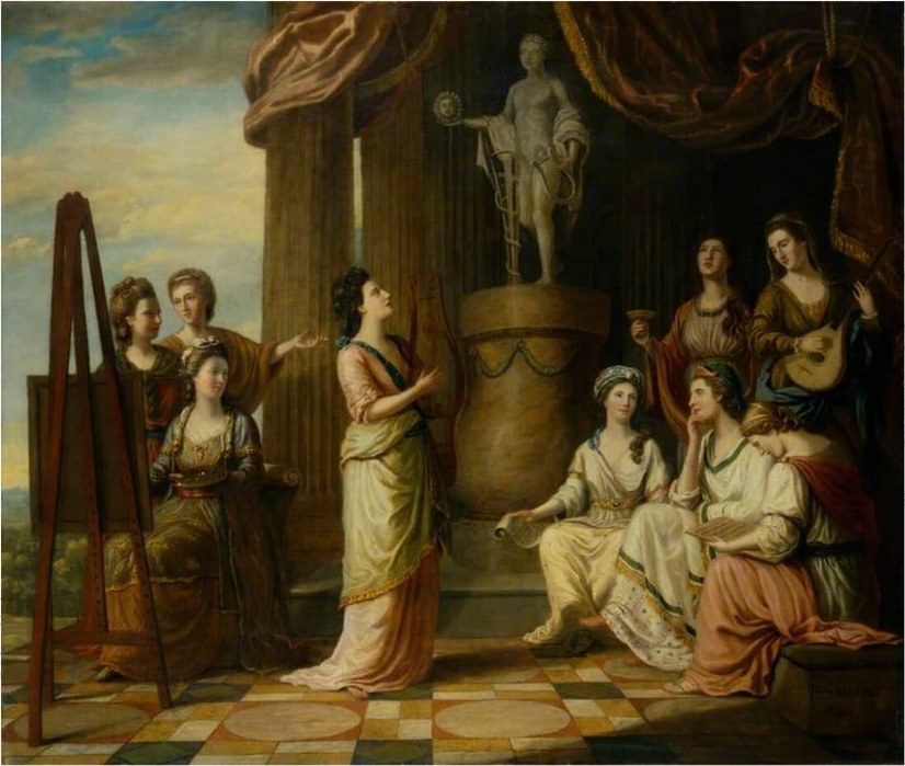 理查德·塞缪尔油画《阿波罗神庙中化身缪斯的女子们》（1778），画中蓝袜女学者被描绘成希腊神话中的九位缪斯女神