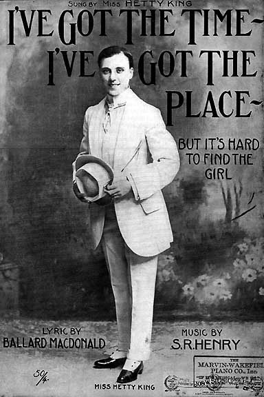 海蒂·金演唱曲目《I've Got the Time, I've Got the Place》的曲谱封面，她身着浅色西装、手持草帽